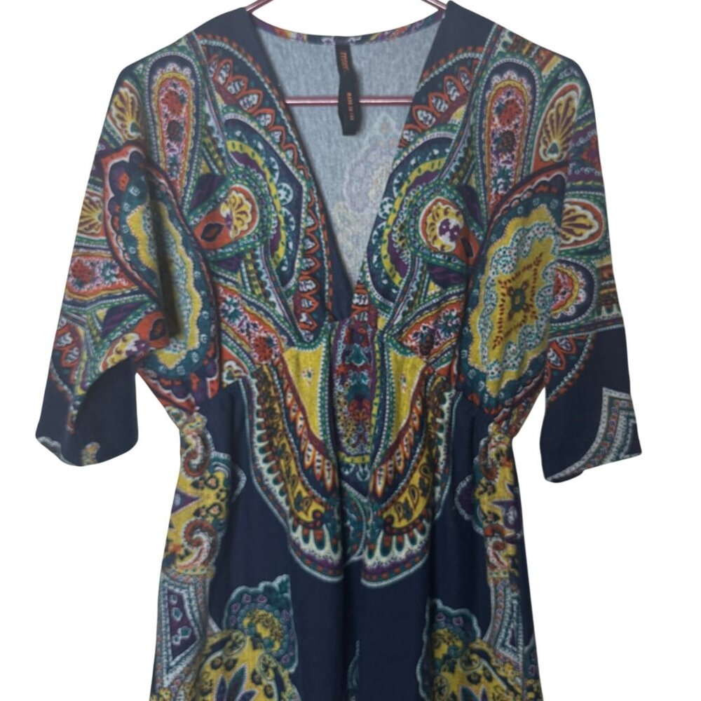 Renee C Boho Paisley Print Dress Navy Multicolor V-Neck Half Sleeve Made USA L - Picture 3 of 8